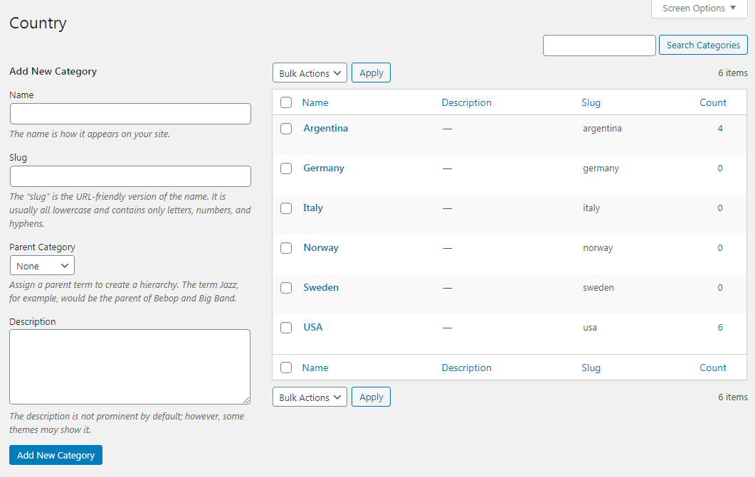 Adding categories for taxonomies