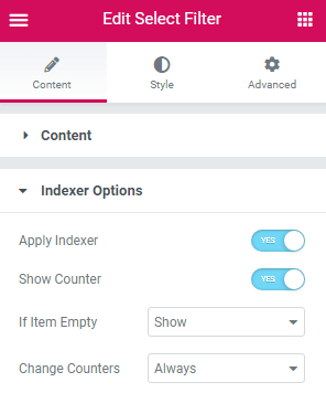 Indexer options in the filter settings