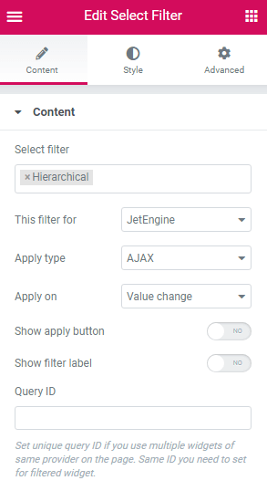 Select filter content settings