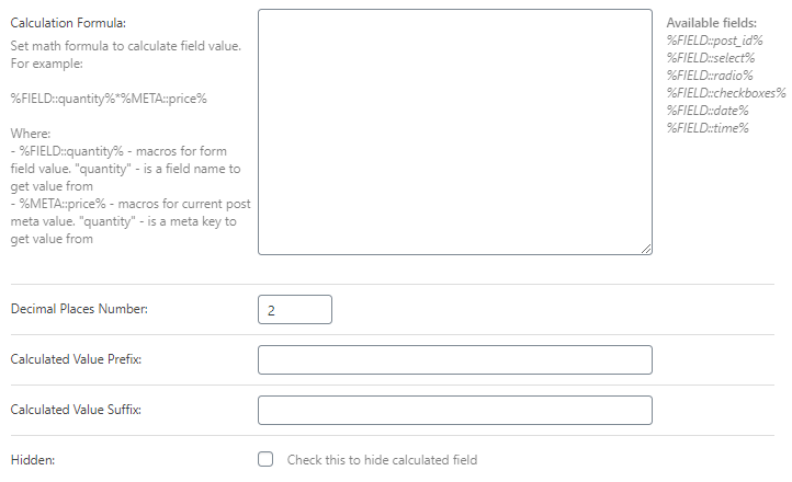 calculated field settings