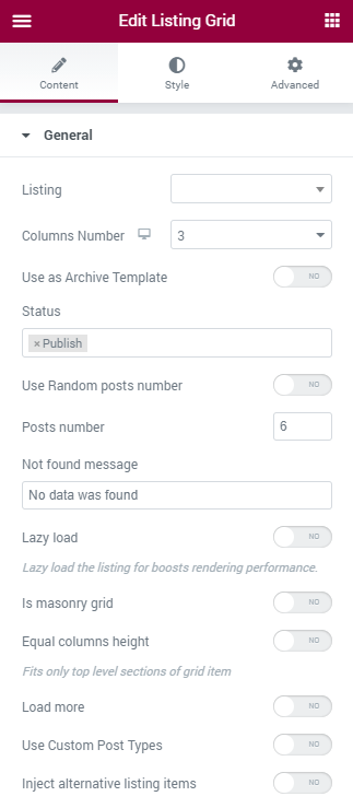 Listing Grid General settings section