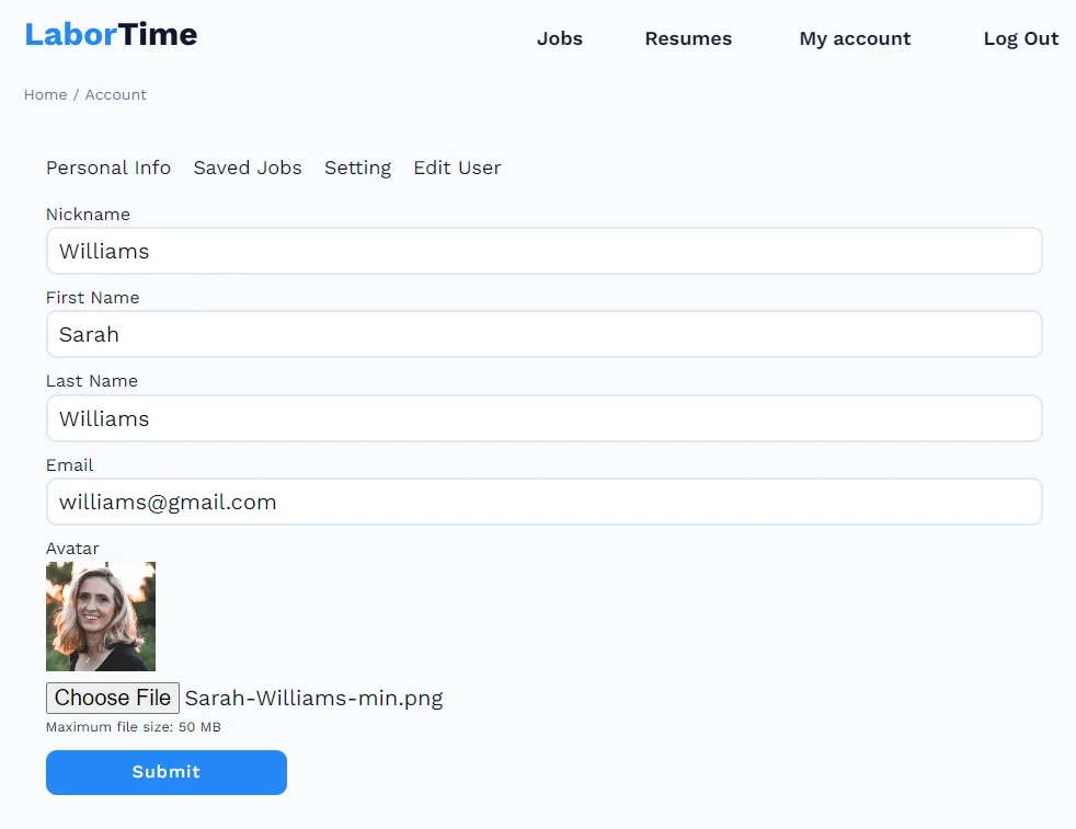 account subpage with the update user form on the front end