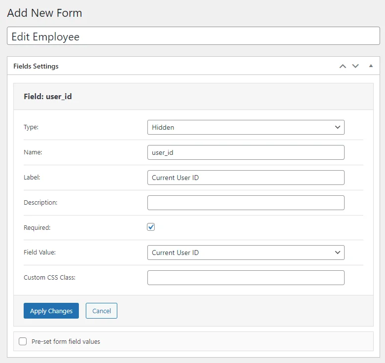 hidden form field with the current user ID option