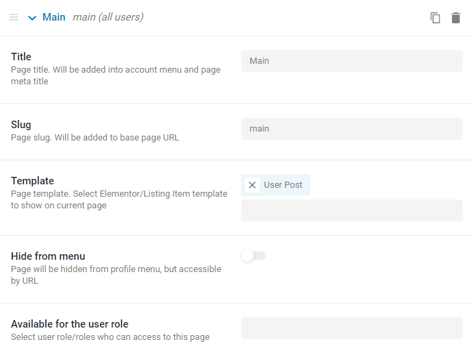 main page template for account page