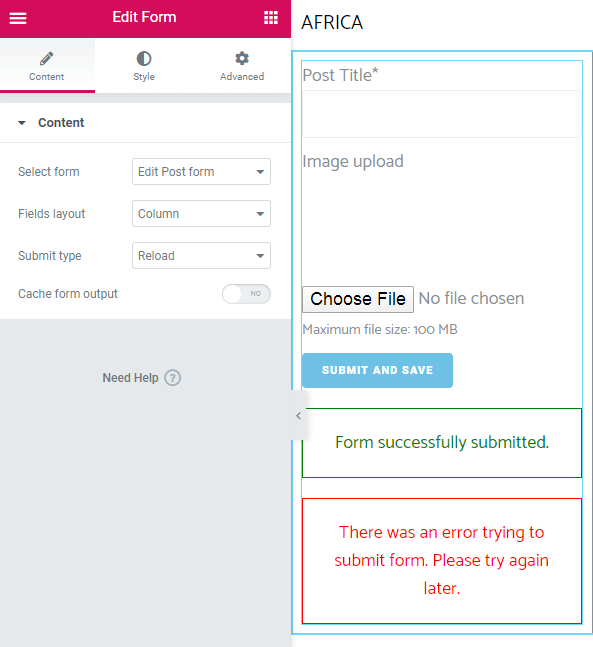 form widget settings