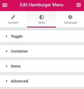 style settings of the hamberger menu