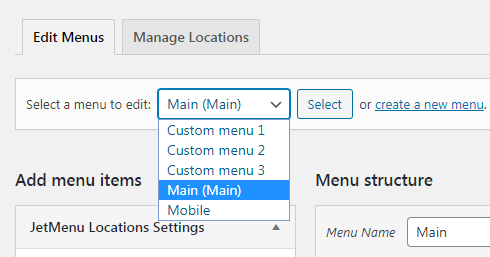 menu for columns