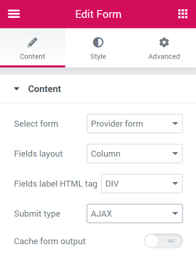 form widget settings