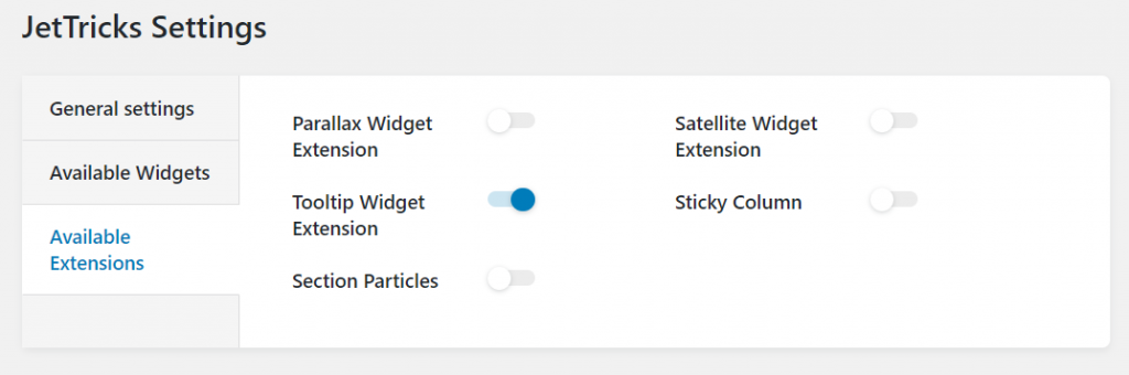 enabling Tooltip Widget Extension in the JetTricks settings window