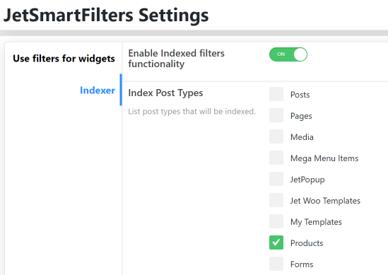 JetSmartFilters settings indexer enabling