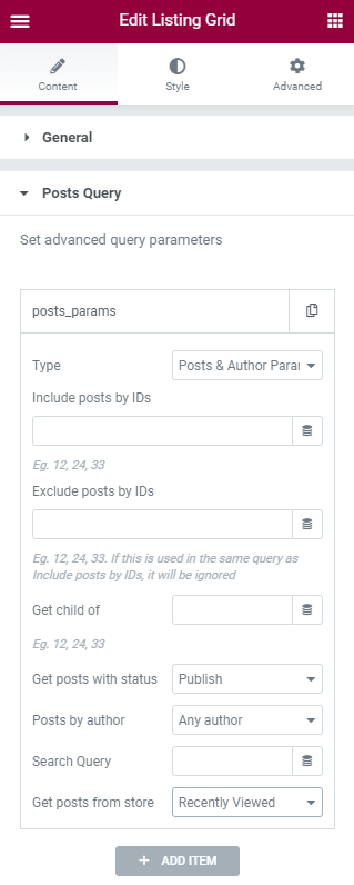 Listing Grid Posts Query settings
