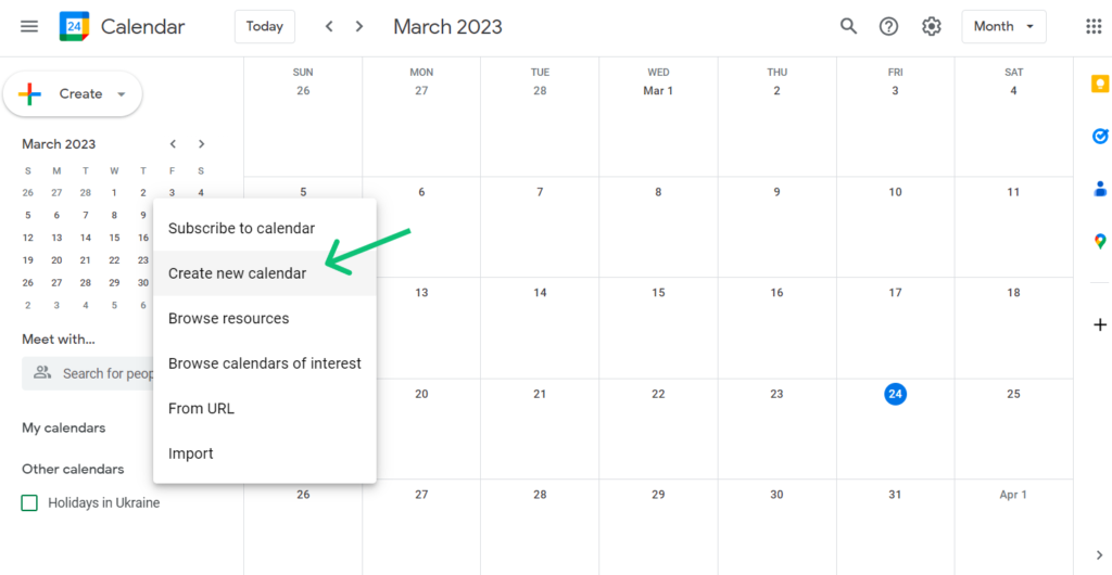 create new calendar option in the Google Calendar app