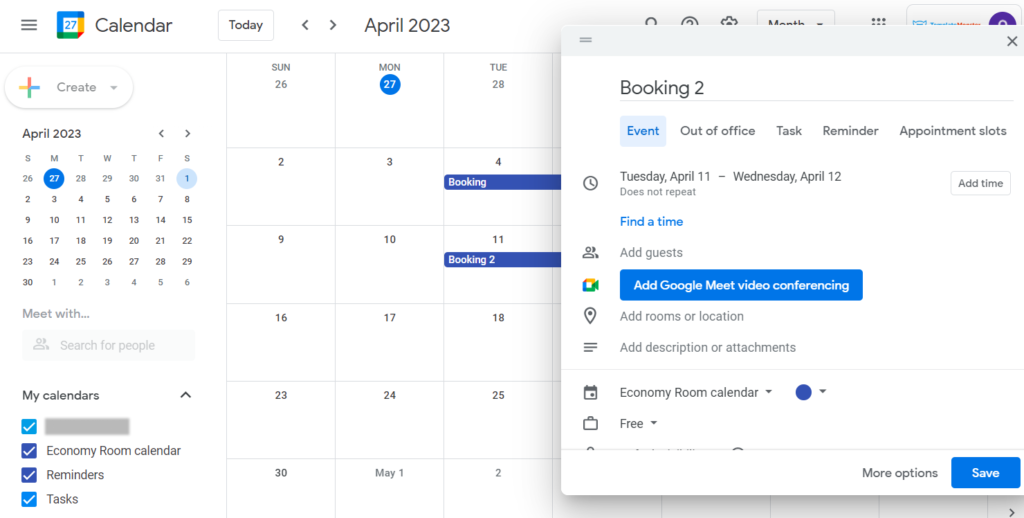creating bookings in google calendar
