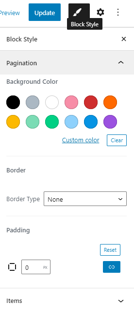 pagination block style settings