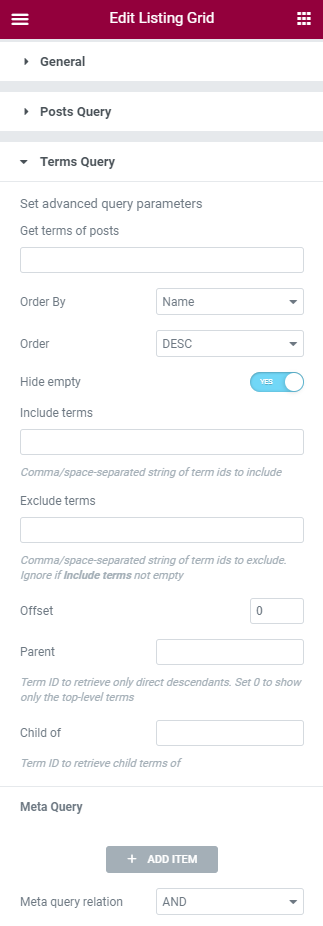 terms query settings