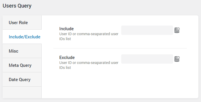 User Query include/exclude settings