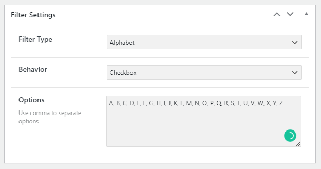 alphabet filter options A to Z
