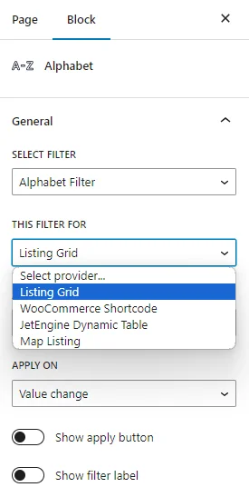 alphabet filter block providers