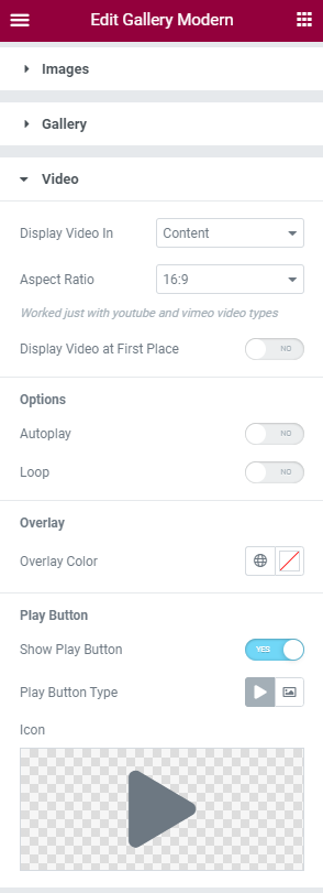 Gallery Modern video settings