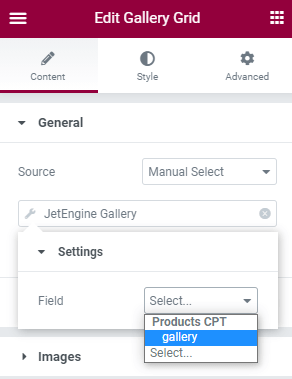 manual select source in the gallery grid widget