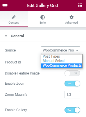 woocommerce products source for the gallery grid widget in elementor