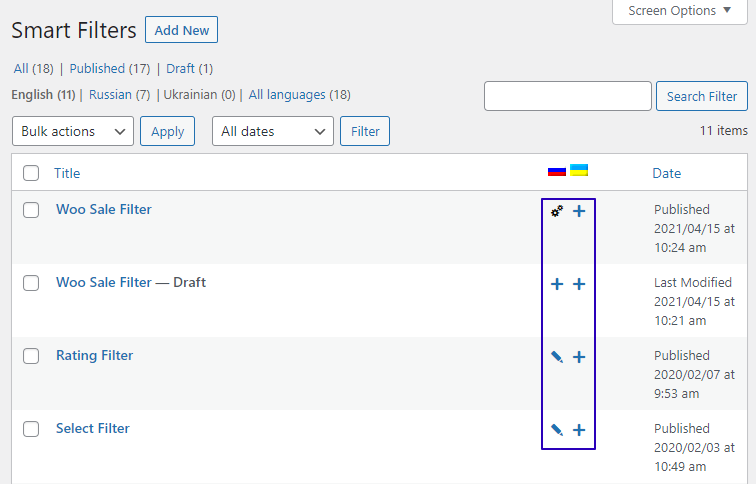 missing filter translations marked by the “plus” icon