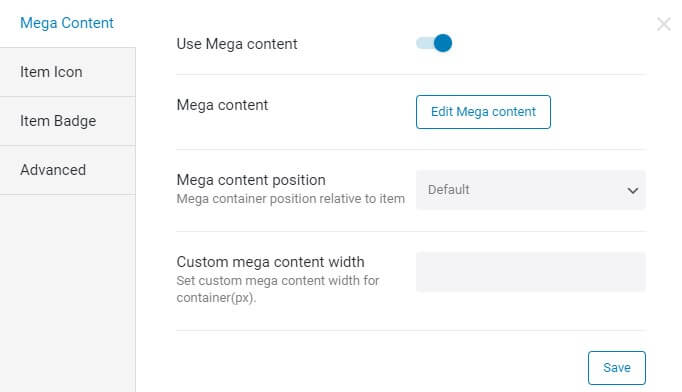 mega content tab in the mega menu editing pop-up