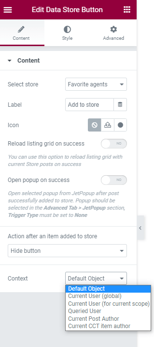 context options in the data store button widget