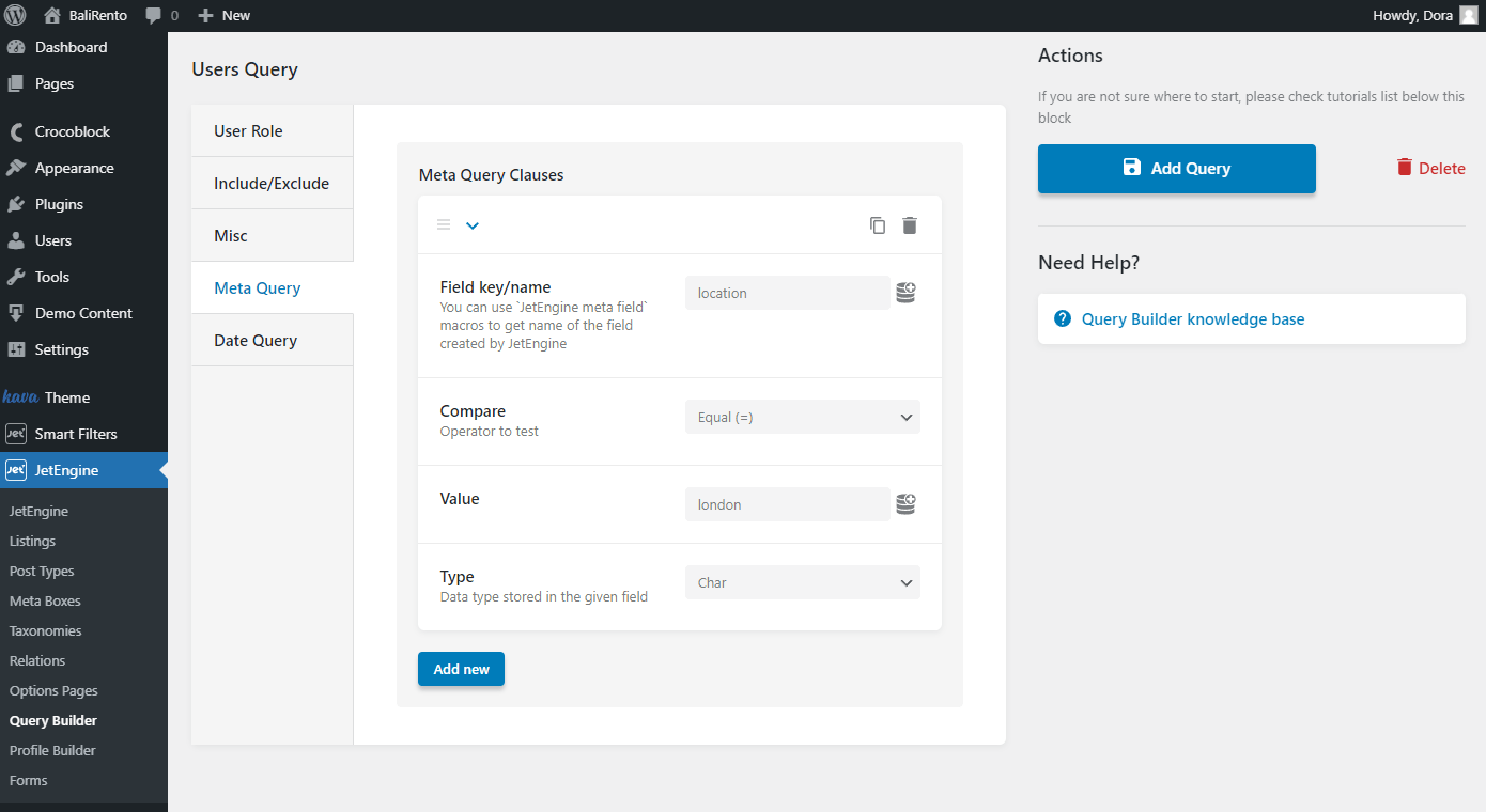 query builder users query settings