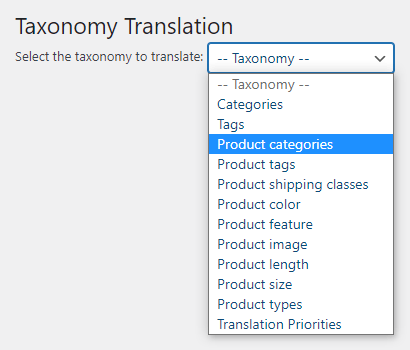 selecting product-related taxonomies to be translated