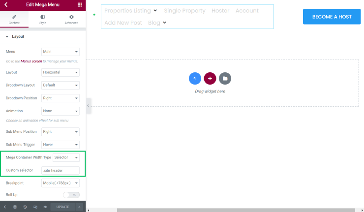 mega menu custom selector in elementor