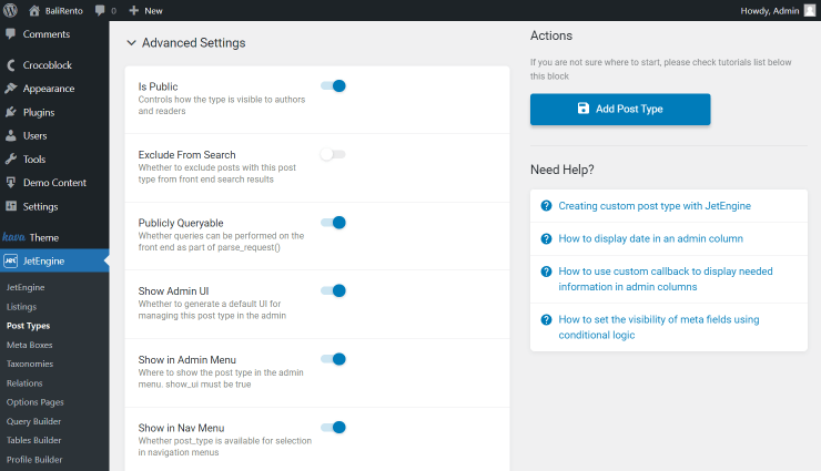the first part of the post type advanced settings screen