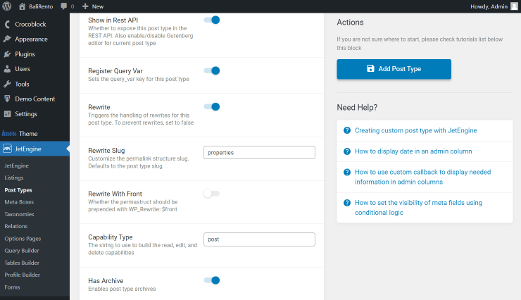 the second part of the post type advanced settings screen