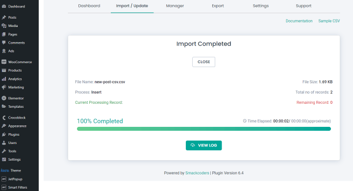 import completed screen in CSV importer PRO