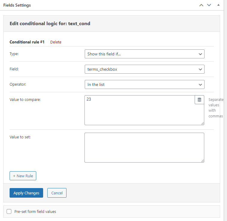 conditional logic for the field for terms