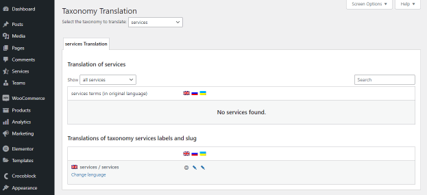 taxonomy labels and slugs translations