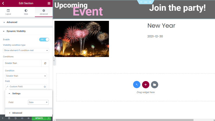 custom date field in conditions