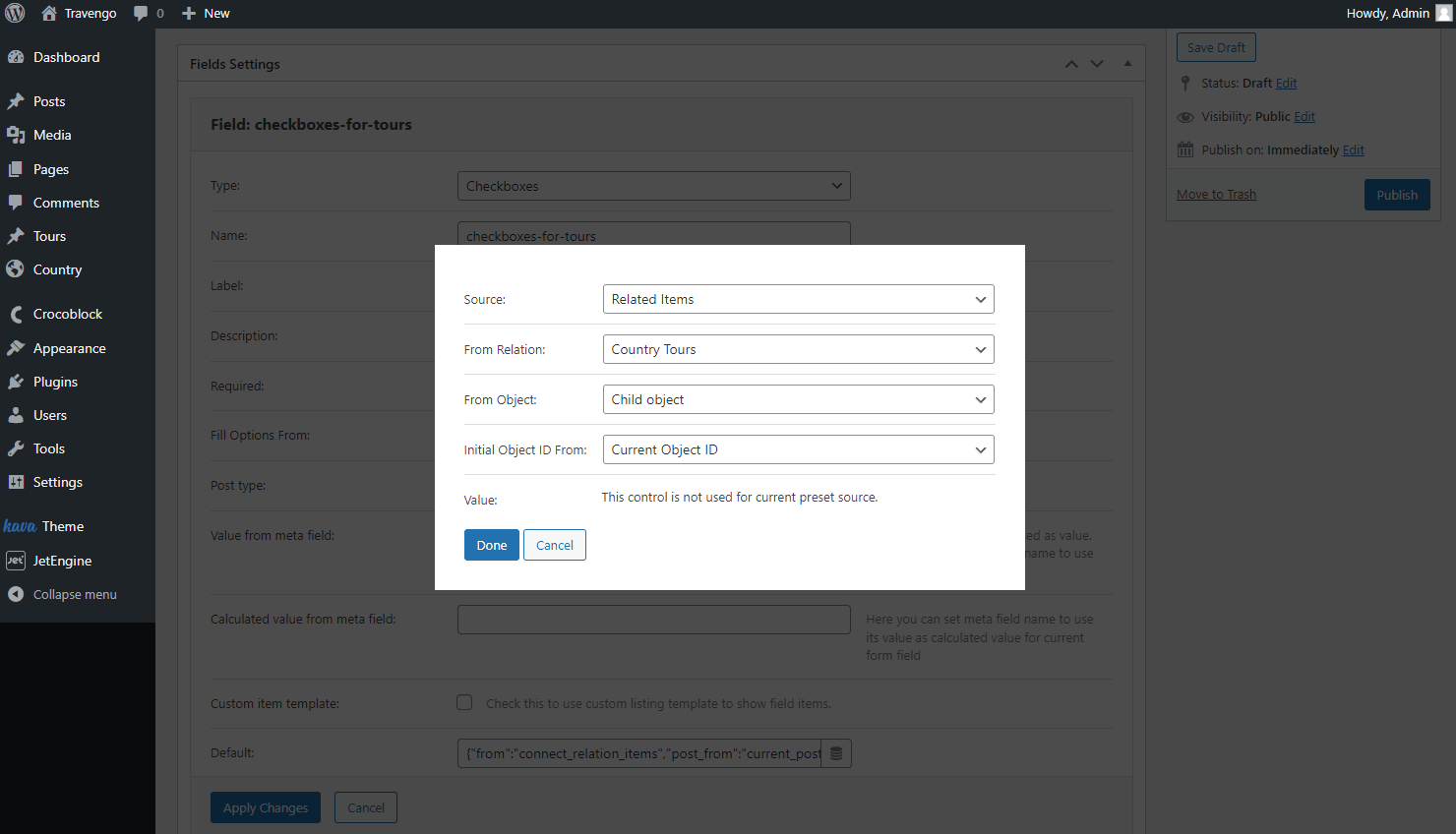 checkboxes default field dynamic tags pop-up