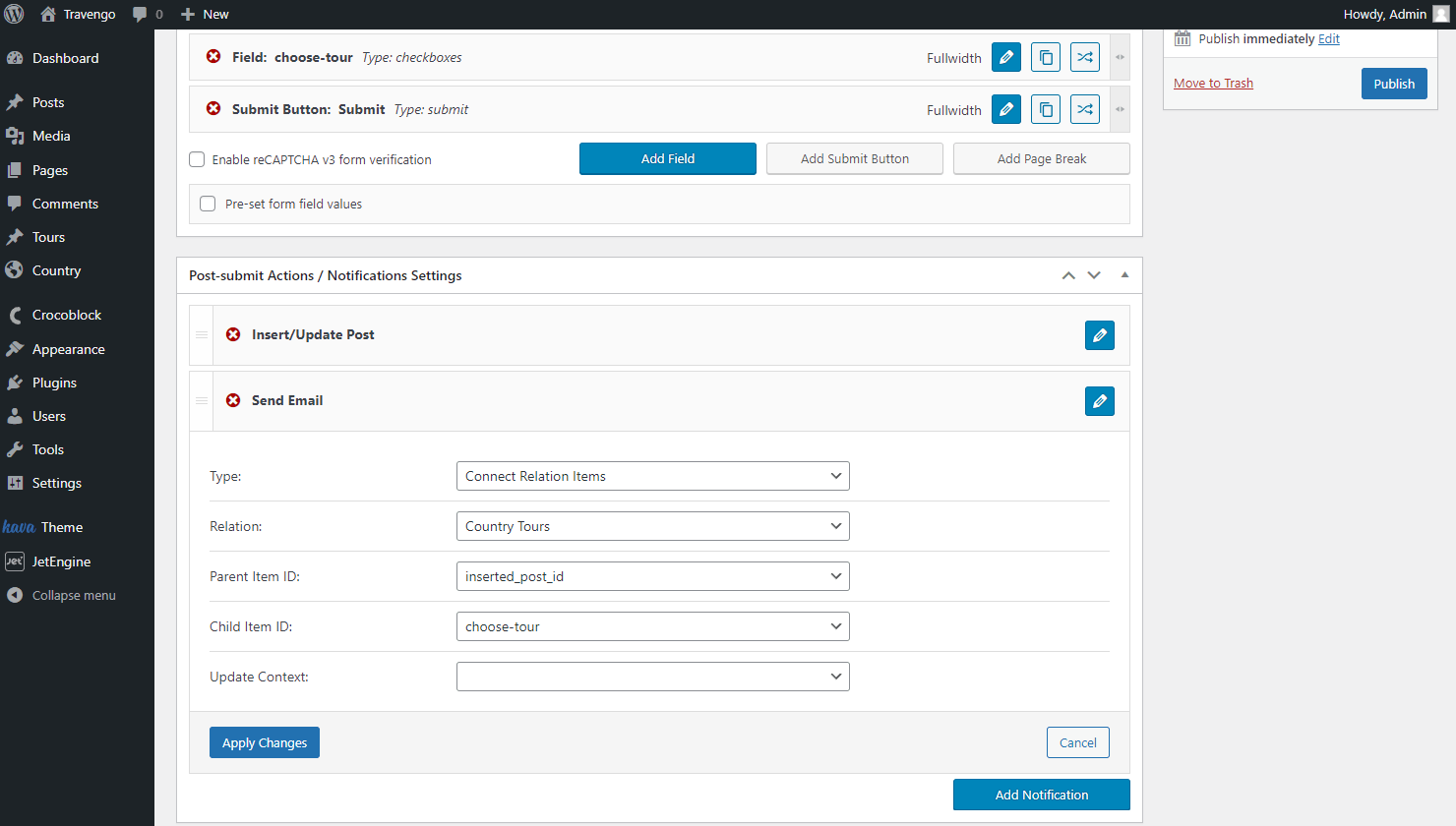 connect relation items post submit action in add new parent form