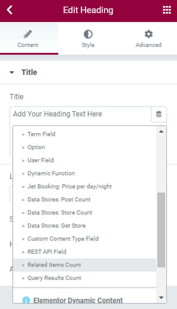 related items count dynamic tag in the heading widget