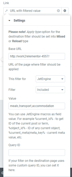 url with filtered value settings with several options