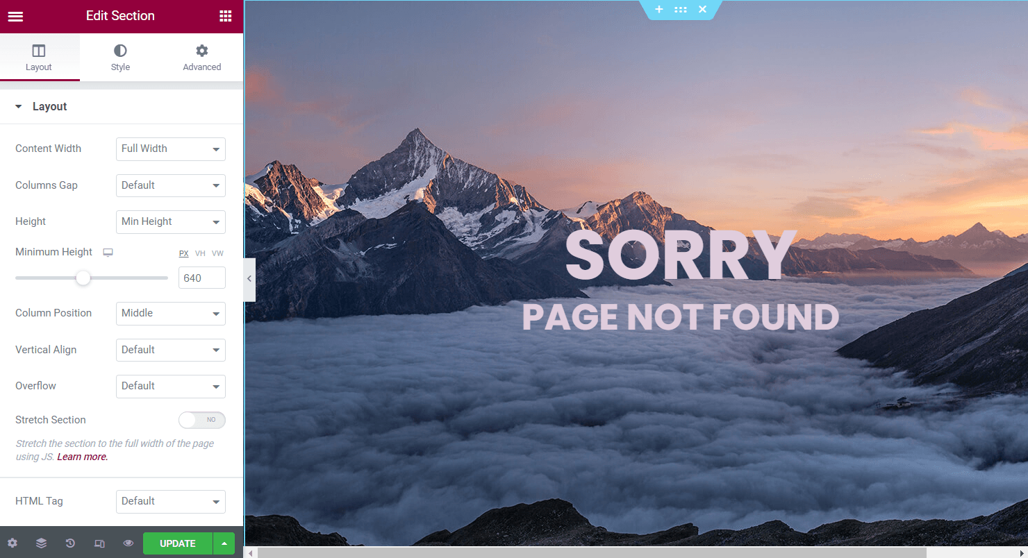 404 page in elementor editor