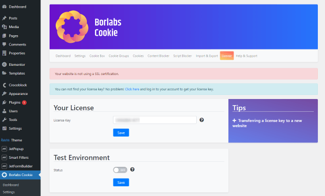 borlabs cookie license tab