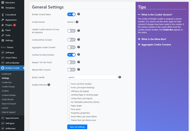 general settings in borlabs cookie dashboard