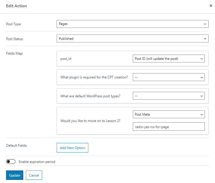 post-submit action in the jetformbuilder form with new fields