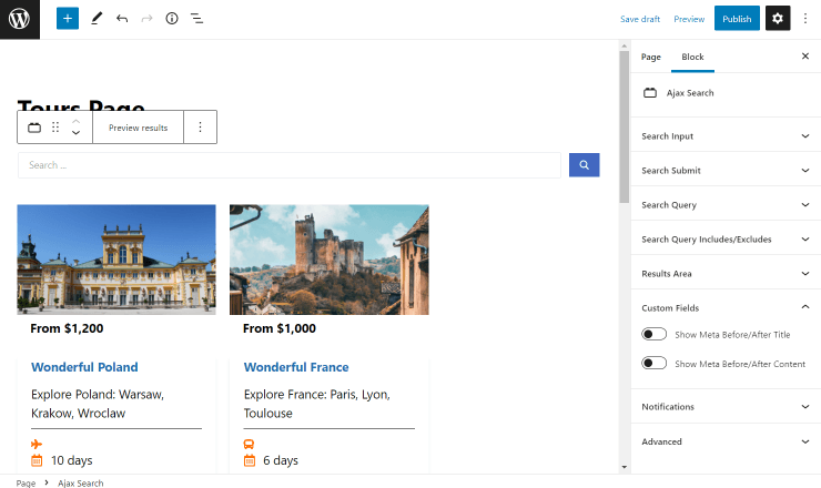 ajax search custom fields settings in gutenberg