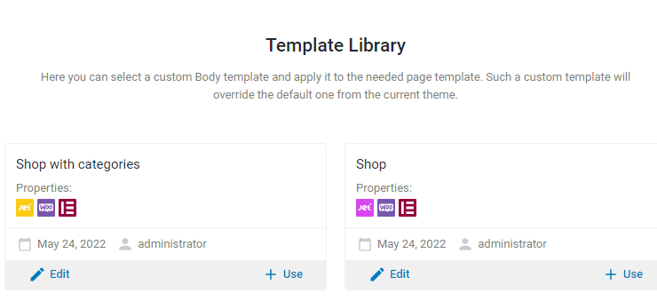 jetwoobuilder and jetthemecore shop templates in the template library