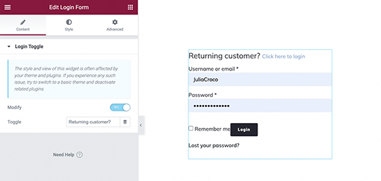 login form widget