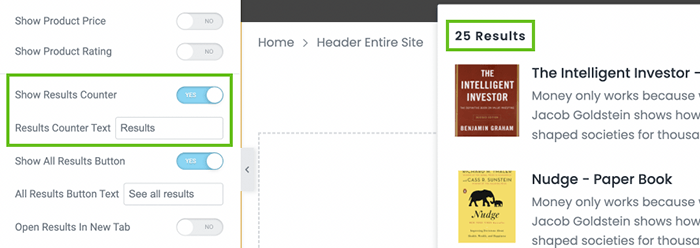 results counter and text