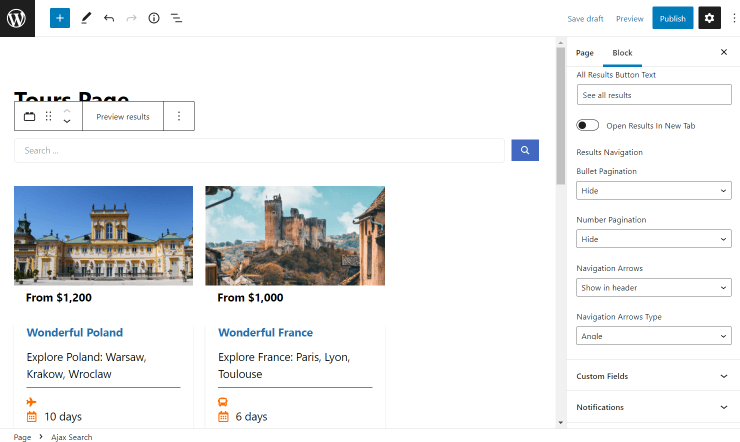 the third part of ajax search results area in gutenberg